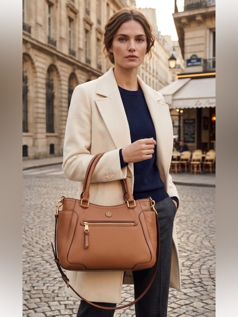 Tory Burch Robinson Double Zip Tan Pebbled Leather Satchel with Gold Hardware